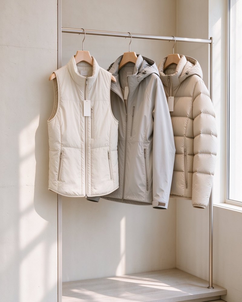 暖白色展示空间里，金属挂杆上挂着三件带吊牌的石墨烯发热服装——米白色发热马甲、浅灰色连帽外套与米色连帽外套，背景是浅色墙面，右侧窗外透进的光落在墙面与木质台面上