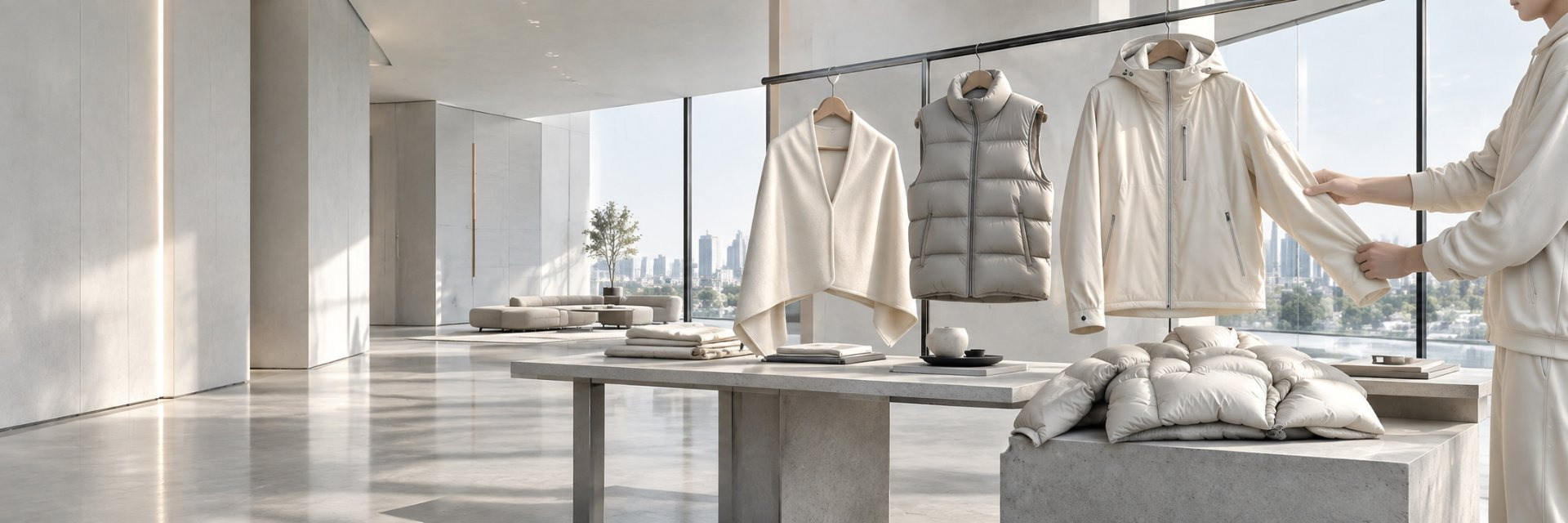 明亮的现代展示空间：衣架上挂着披肩、发热马甲与连帽外套三件服装，右侧一位穿着家居服的人正在整理外侧那件外套的袖子，下方石台上放着一件折叠的发热被与织物，左侧是浅色墙面与矮桌，背景落地窗外是城市天际线