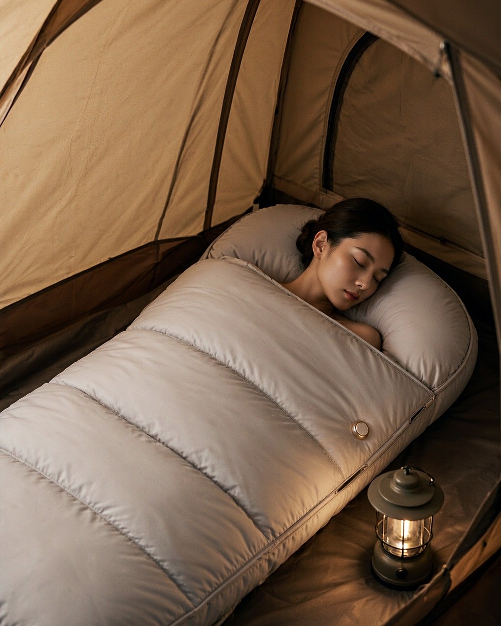 一顶暖色帐篷内，一位低盘发女性躺进米白色石墨烯发热睡袋里、只露出头部与肩部；睡袋横向分格绗缝、一端圆头，侧面一枚圆形金属开关，旁边一只营地灯