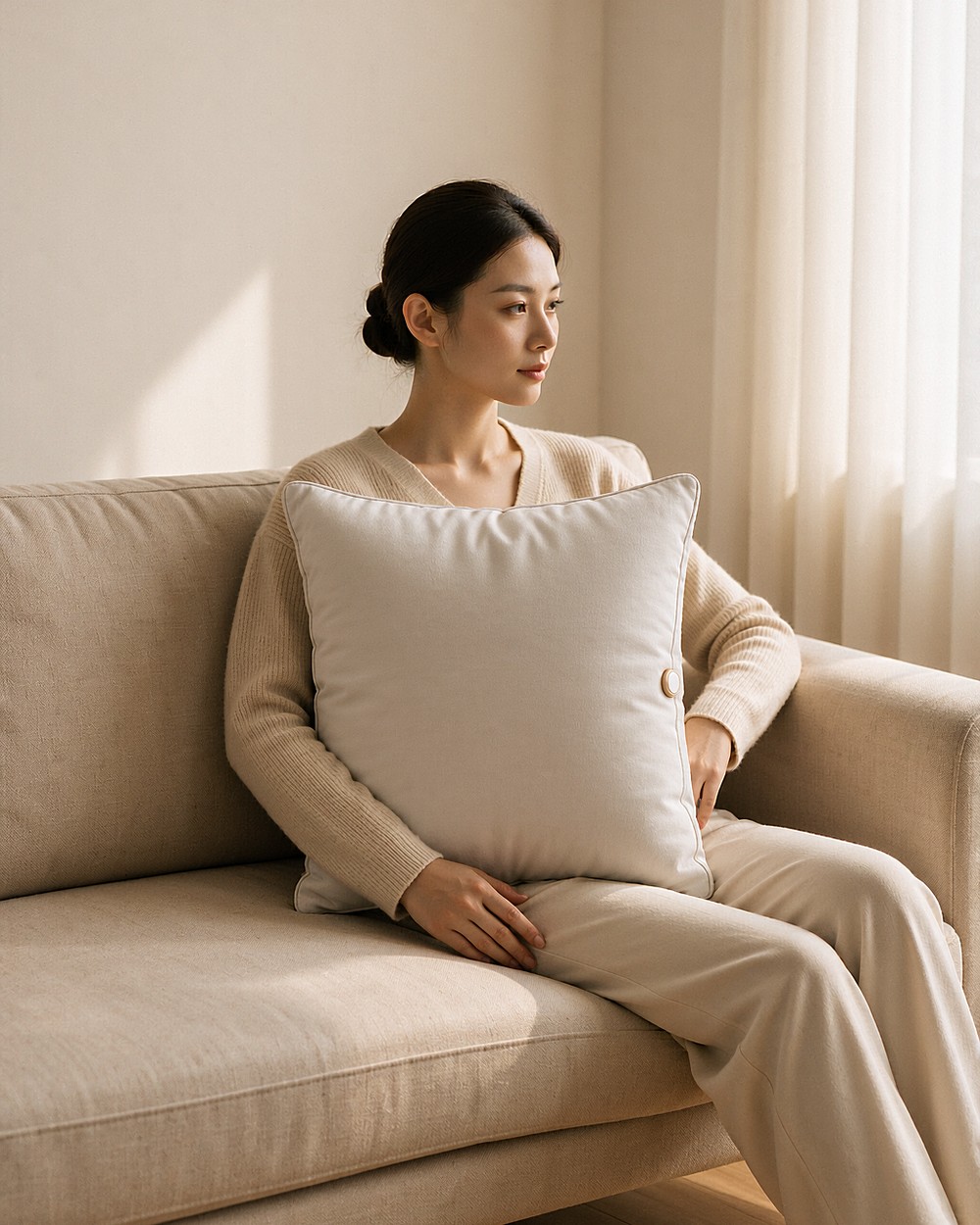 一位低盘发女性坐在米色布艺沙发上，米白色石墨烯发热抱枕竖靠在她身体一侧、一只手自然搭在抱枕上，坐姿身形完整；抱枕四角饱满、右侧中部一枚圆形金属开关
